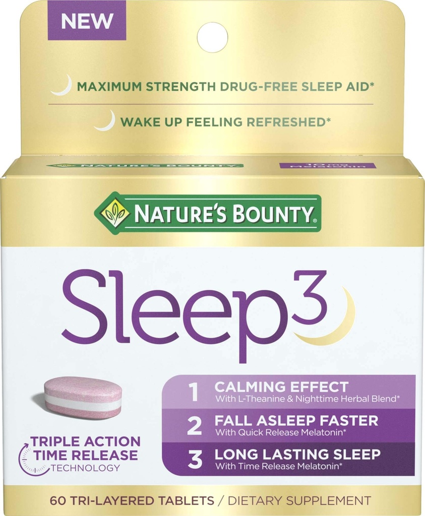 Natures Bounty Sleep3 Melatonin 10mg, concentration maximale 100 % sans médicament aide au sommeil, supplément alimentaire, L-Theanine et nuit mélange à base de plantes technologie de libération de temps, 60 comprimés tri-layered