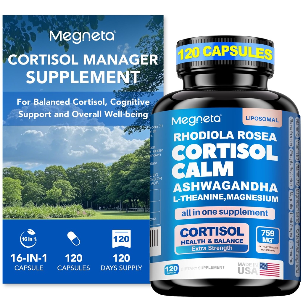 Cortisol Balance & Sleep Support for Women & Men – Natural Calm Formula con Magnesio, Ashwagandha & L-Theanine – Supporta sonno riposante, Relax, Focus & Healthy Cortisol Livelli – 120 Capsule