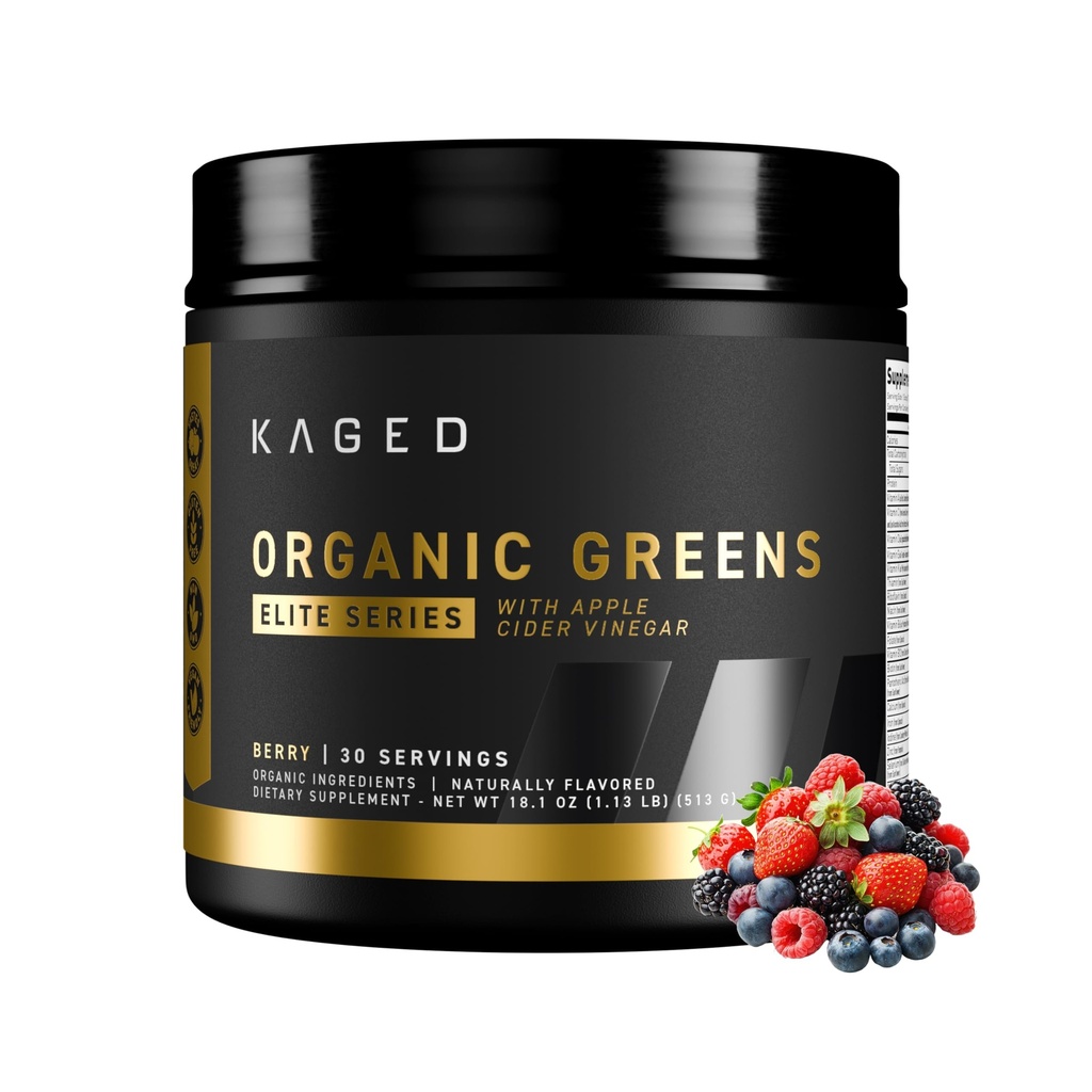 Polvere d'élite di Greens organici di Kaged | Berry | Polvere di Superfood & Greens di Outlive 100 | Aceto di sidro di mele, Adaptogen, Prebiotici | Vitamine e minerali | Supplementi per gli uomini e le donne | 30 Servings