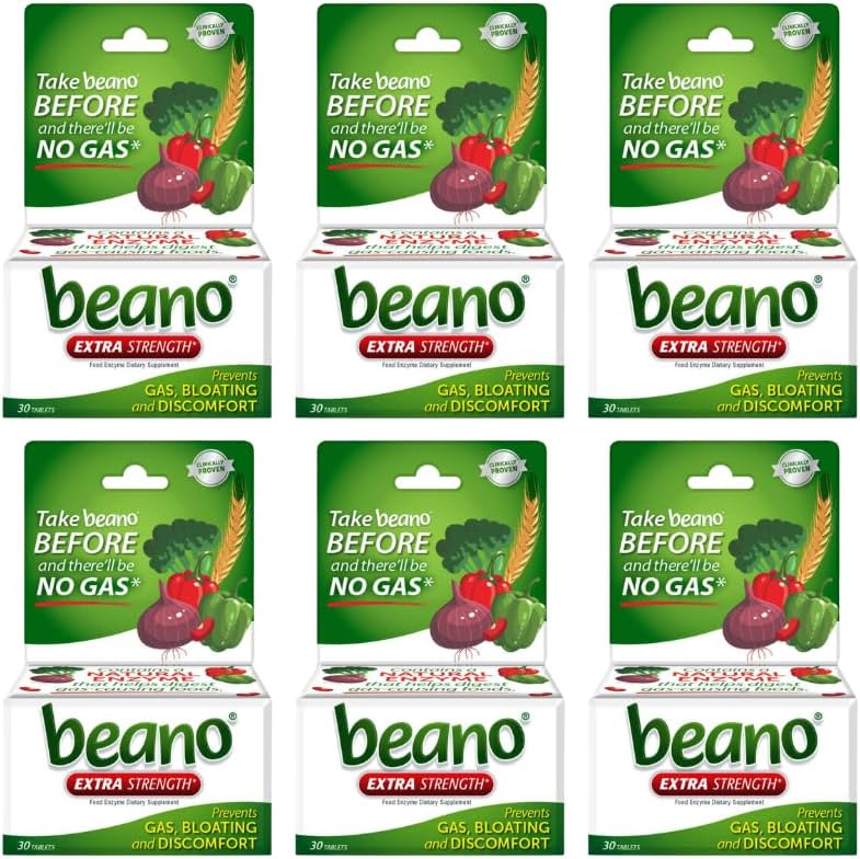 Beano Extra Strength, Verdauungsenzym-Ergänzung, Verhindert Gas, Bloating und Discomfort (Packaging May Vary) 30 Count Jeder (Pack von 6)