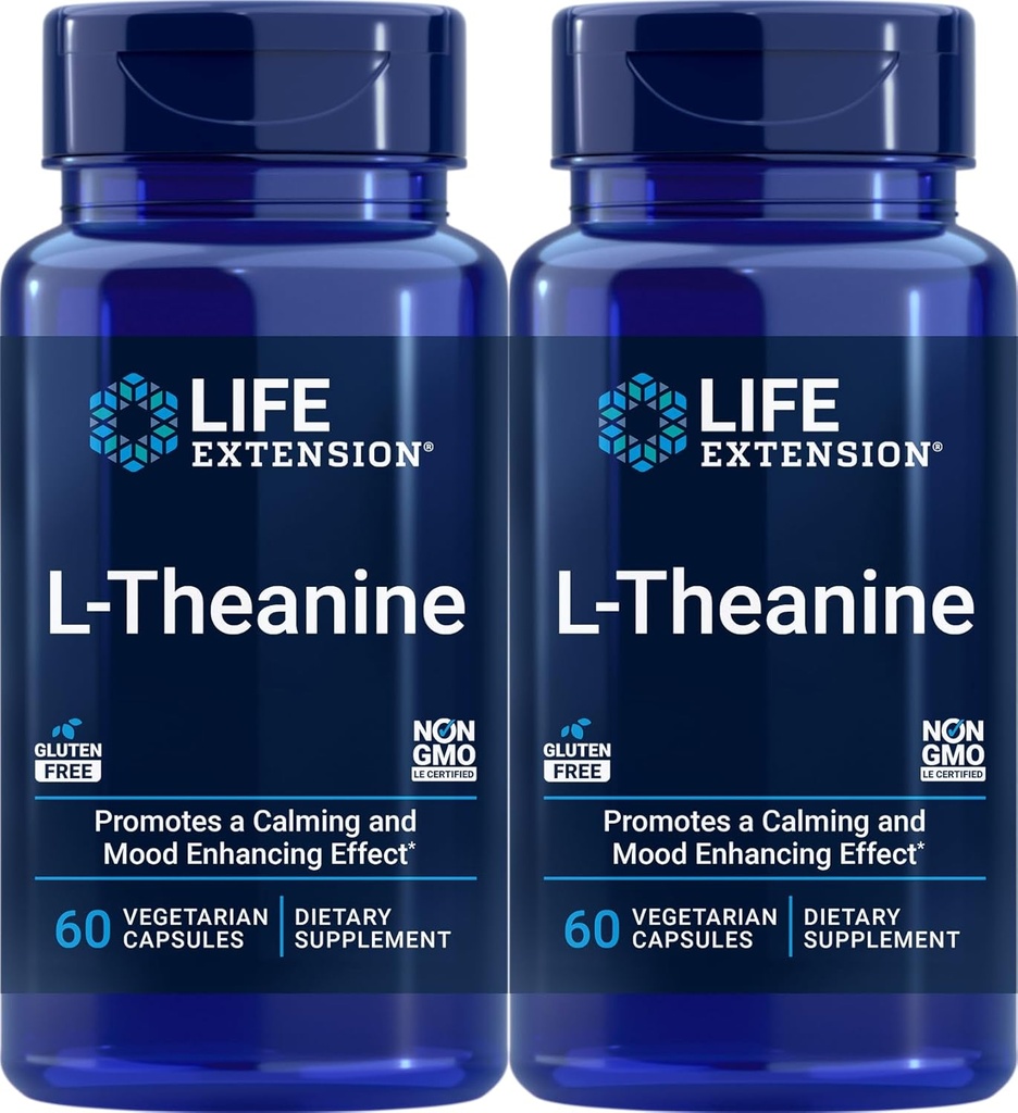 Estensione di vita L-teanina, 60 capsule vegetariane (pacchetto di 2) - Aminoacido derivato dal tè - senza glutine, non OGM