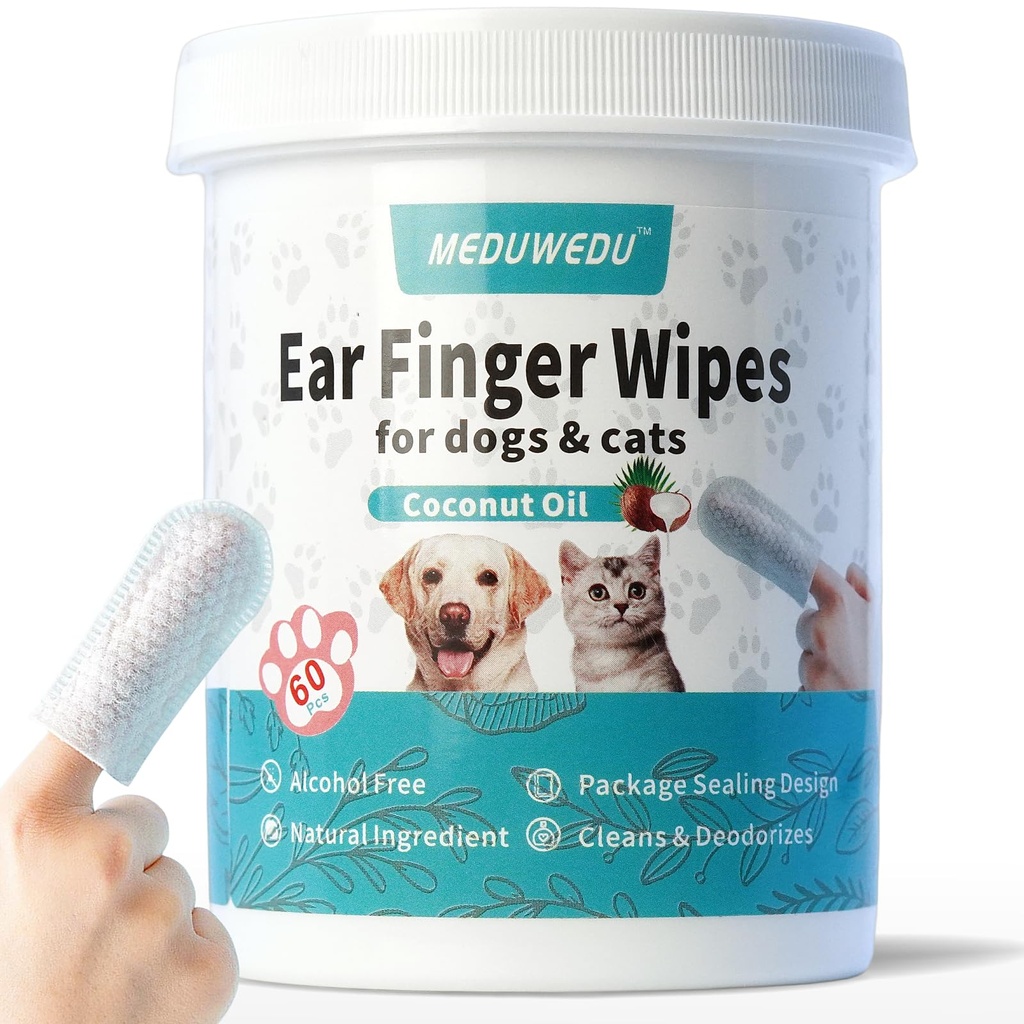 Ohr Reiniger Finger Wipes 60 Zähler, Hundereiniger, Grooming Kit Pflege für Hunde und Katzen, Weiche & einfache Otische Reinigungs Pads, Entfernen Wax, Schmutz & Stop Smelly, Itchy, Non-Irritating, Coconut Scent