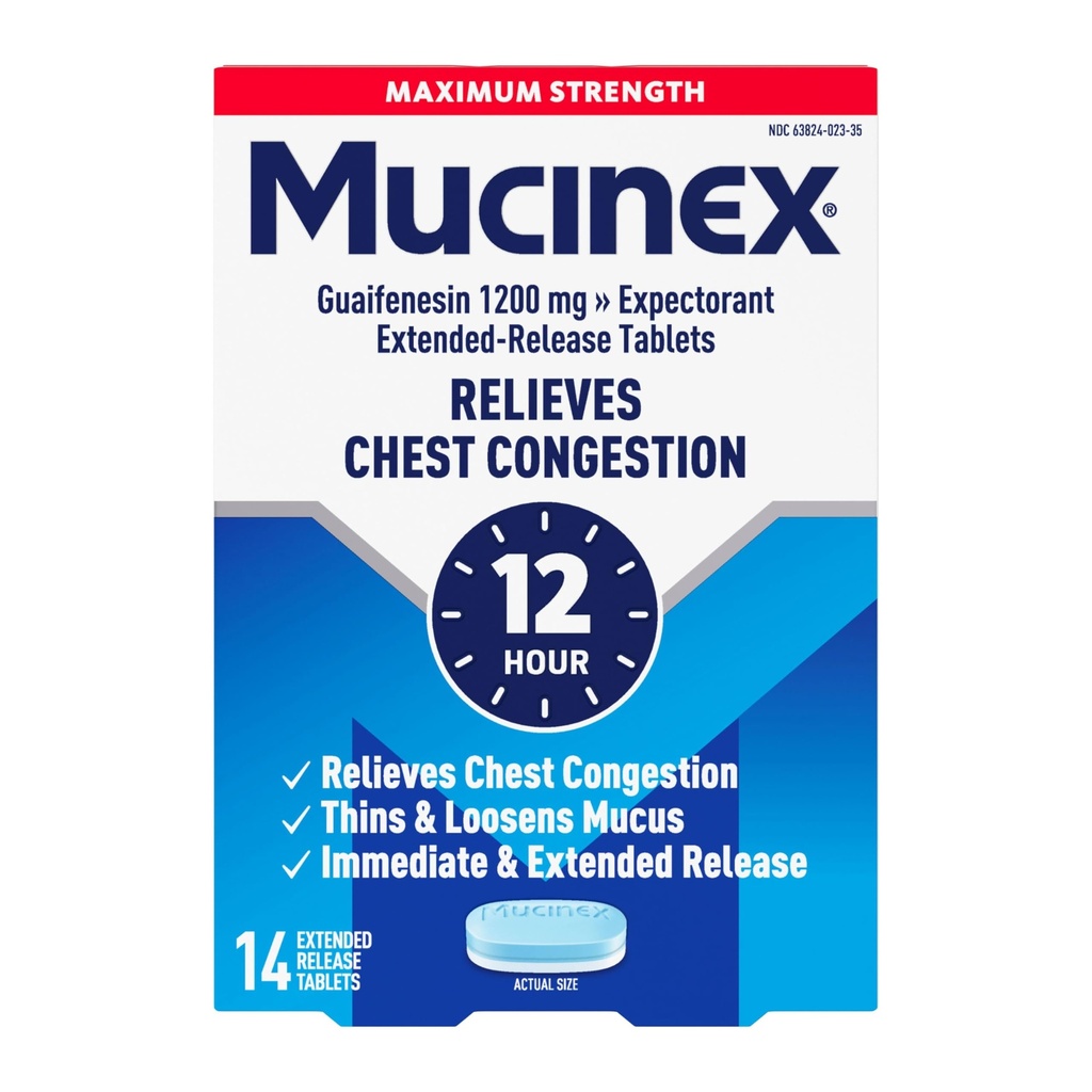 Congestione di petto di mucinex, massima resistenza 12 ore Tabelle di rilascio prolungate, 14ct, 1200 mg Guaifenesin con prolungato sollievo della congestione di petto causato da Excess Mucus, ladri e allenta Mucus