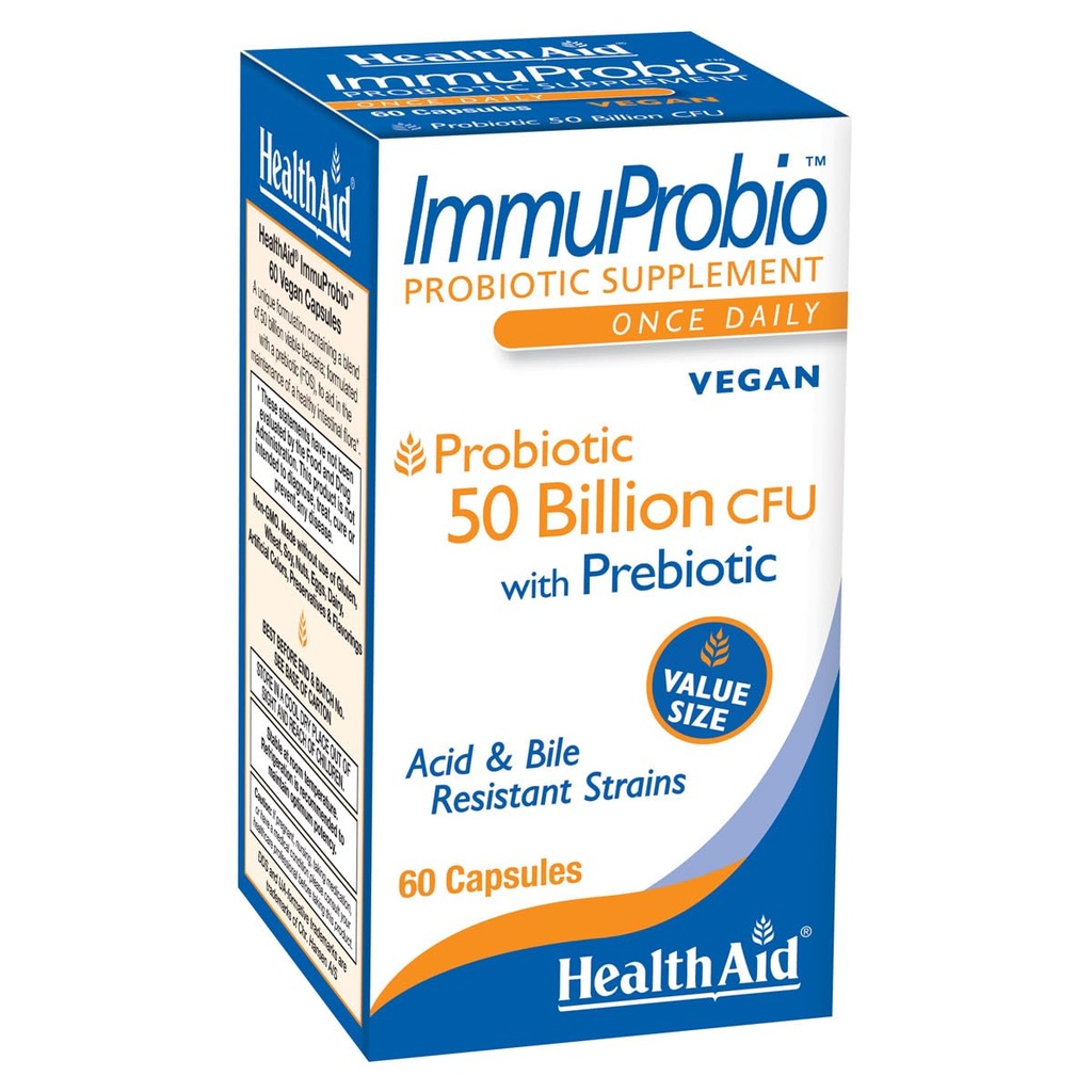 HealthAid ImmuProbio 60 Caps - 50 Billion CFU mit präbiotischen, einmal täglich, Säure & Bile Resistant Strains, Vegan
