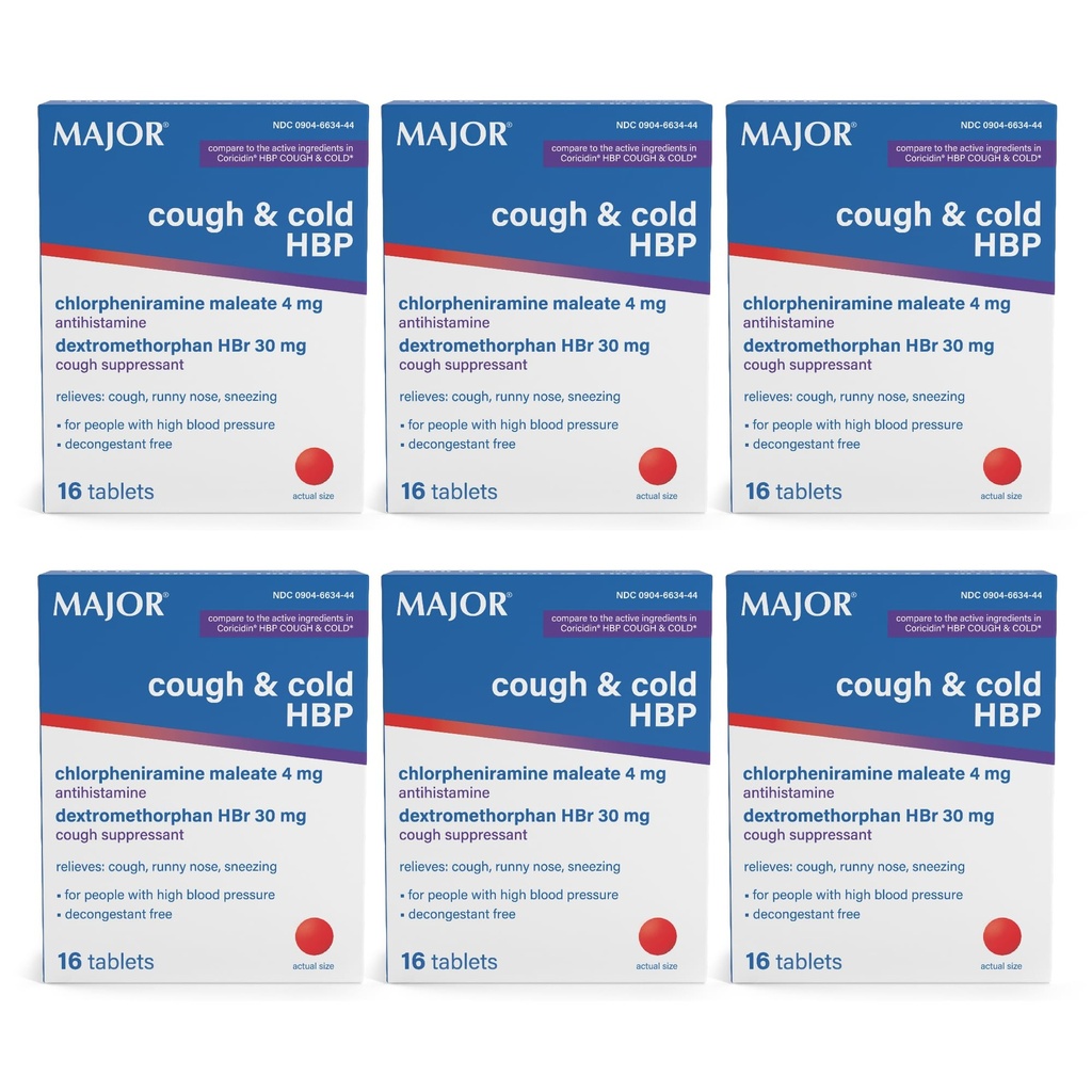 Comprimés MAJOR Toux et HBP froid - Antihistaminique et suppresseur de Toux pour les personnes ayant une pression artérielle élevée - Dextrométhorphane HBr, Maléate de chlorphéniramine - 16 Compte (6 paquets)