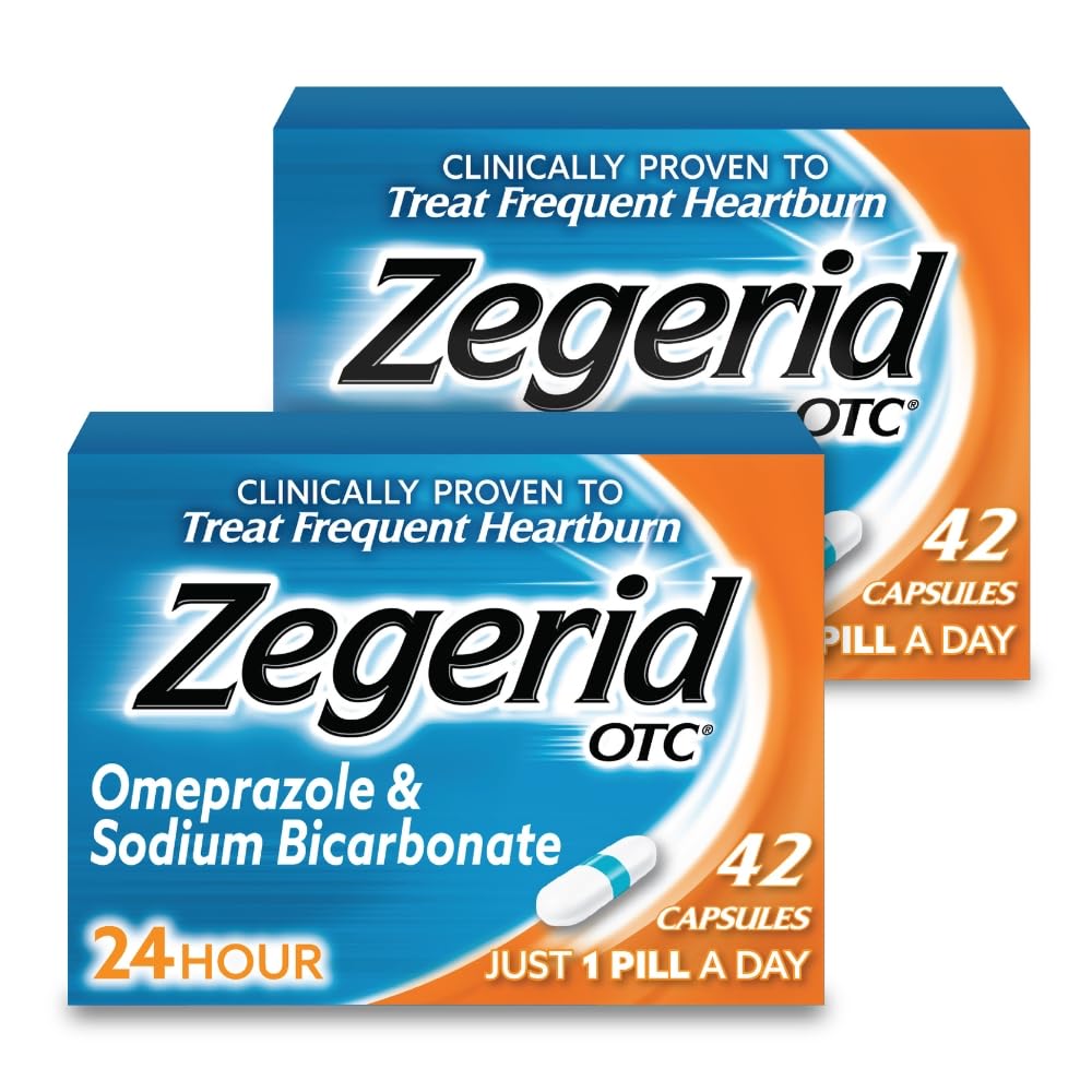 Zegerid OTC, 24-Stunden-Herzbrand-Relief, Säure-Refrlux-Medizin und Antazie, Treats-Frequent Sodbrennen, Omeprazol 20mg + Natriumbicarbonat, Proton Pump Inhibitor (PPI), Zwei 42ct Cartons