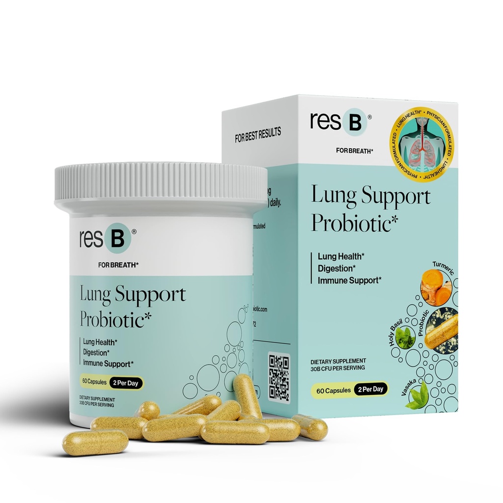 ResB Lung Support Probiotic Supplement - Supplément santé pulmonaire pour les fumeurs, Gut Health, Immune & Digestive Support, Soins respiratoires, Basilic Saint et Turmère, Essais cliniques - 60 Capsules