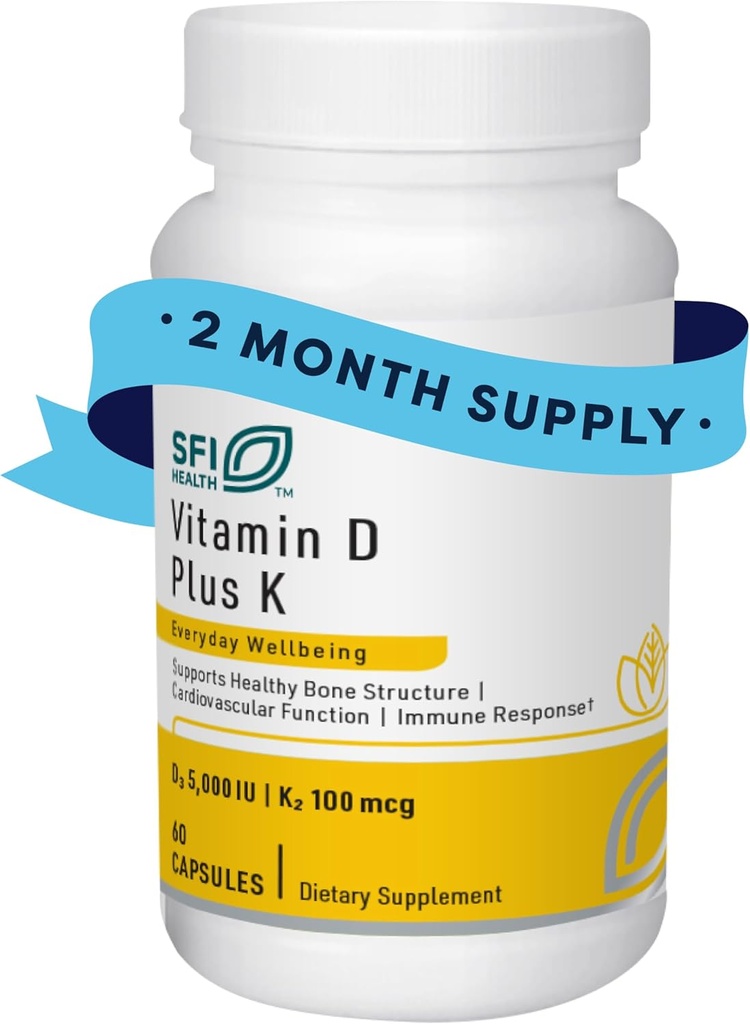 Klaire Labs SFI Santé Vitamine D Plus K - Biodisponible Vitamine K2 D3 Supplément pour le soutien osseux et immunitaire - Chaque gélule livre D3 5000 iu et K2 100 Mg (60 capsules)