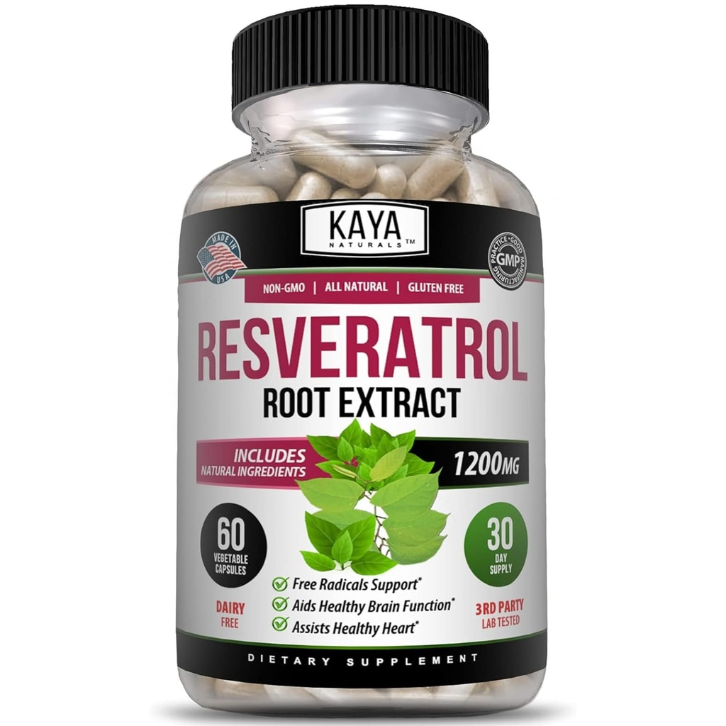 Kaya Naturals - Resveratrol Kapseln - Anti-Aging-Ergänzung - Antioxidantien mit Gehirnunterstützung - Maximale Vorteile - 60 Veggies Kapseln