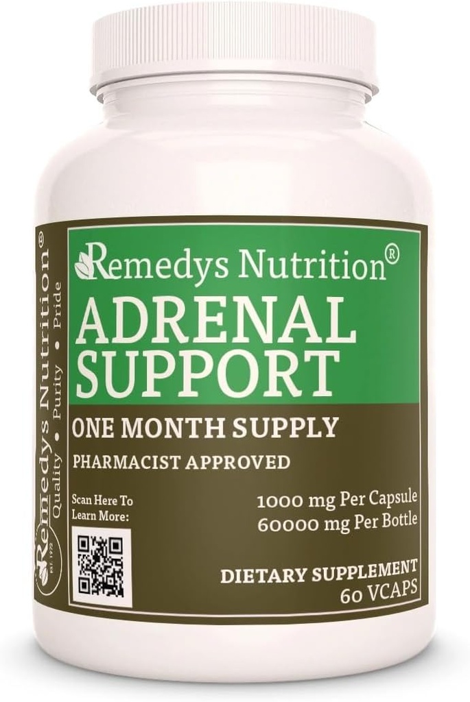 Remedy Ernährung Adrenal Support | 1.000 mg, 60 Vegan Kapseln pflanzliche Nahrungsergänzung | Zwei Monate Versorgung