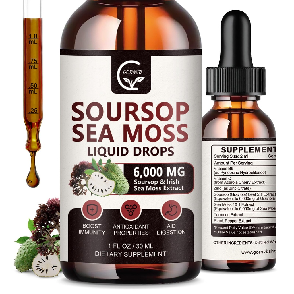 (2 Pack) Soursop Graviola Liquid Drop, Soursop Bitters Multivitamin Liquid con Sea Moss & Turmeric, 98% Assorbimento per il supporto cellulare & rigenerazione, Boost e fegato, 1 Fl Oz