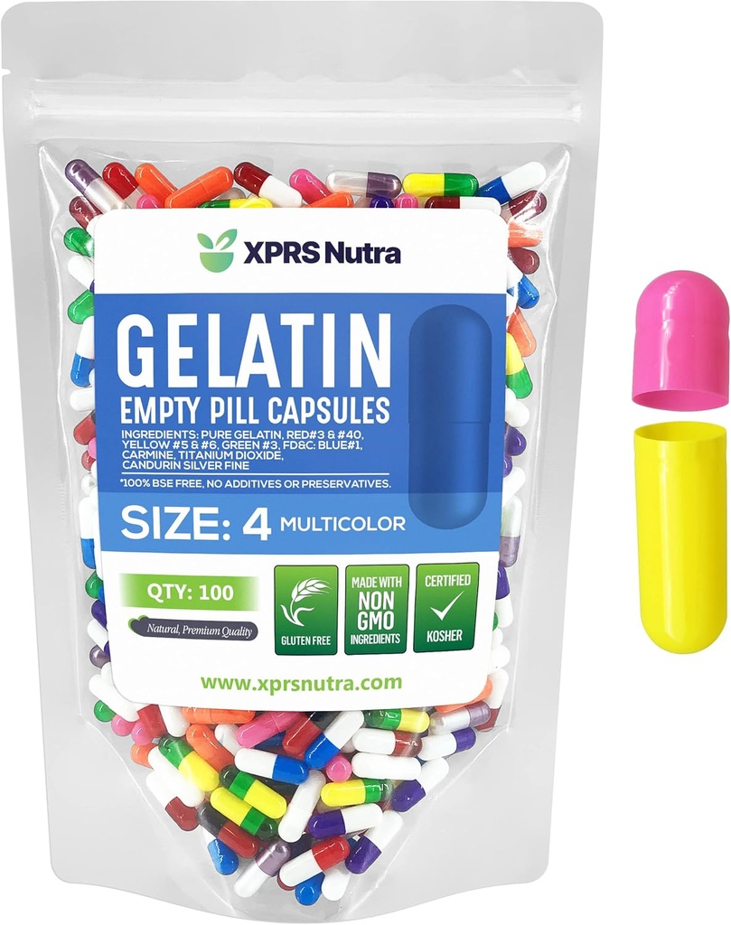 XPRS Nutra Size 4 Capsule Vuote - 100 Contare Piccole Capsule Gelatina Vuota - Pillole Riempimento Capsule fai-da-te - Fillable Pure Bovine Pill Gel Caps per Do-It-Yourself Supplements (Multi Color)