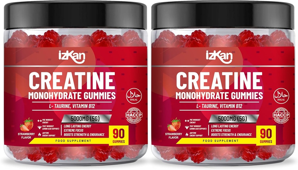 Creatina Monoidrato Gummy 5000mg per uomini e donne - 180 Chewable Creatine ADVANCE COMPLEX Taurine & B12 Gummies Strawberry Flavoured | Pre Workout Gym Supplement| Halal | Vegan | (2 mesi di alimentazione)