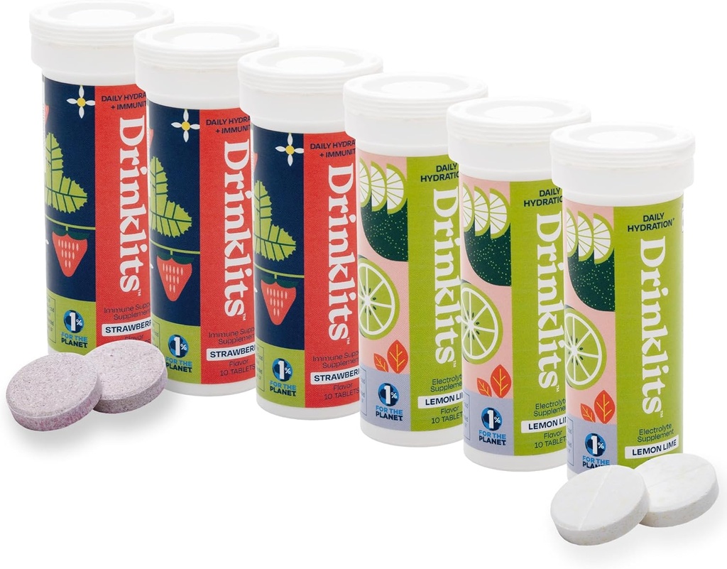 Drinklits Lemon Lime Elektrolyt Hydration & Erdbeer Immunität Tabletten (6) Tube Combo Pack | Großer Geschmack – Glutenfrei – Tägliche Verwendung | 60 Servierungen (10 Tabletten pro Tube)