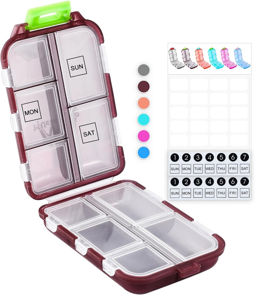 M M MUchengbao Travel Pill Organizer Pocket Pharmacy , con 3 tipi di etichette 10 scomparti Piccola scatola pieghevole BPA-Free Daily Pill Case Medicine Organizer per il negozio (rosso)
