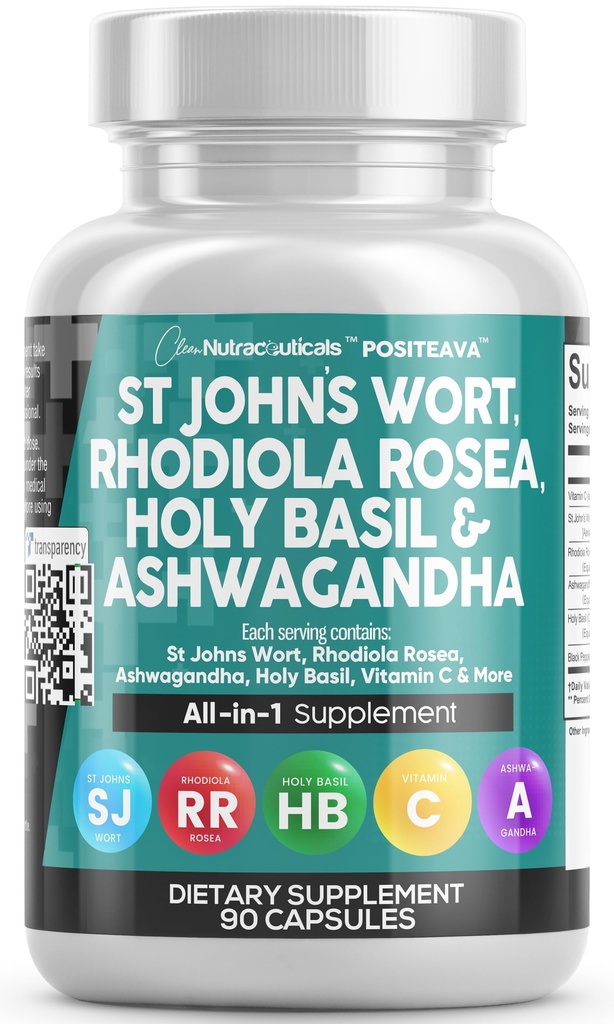 Clean Nutraceuticals St Johns Wort Rhodiola Rosea Santo Basilio Ashwagandha - Supporto per le donne e gli uomini con vitamina C & Black Pepper Extract - 90 Caps