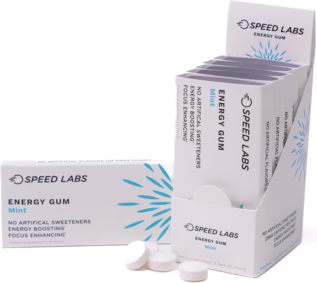 Velocità Labs Mint Natural Caffeine Energy Gum 25mg Caffeina, Taurina, B Vitamine Per Pezzo, 48 Pezzi (6 Pacchetti di 8) Zucchero Libero, Calorie Zero, naturalmente addolcito, senza glutine