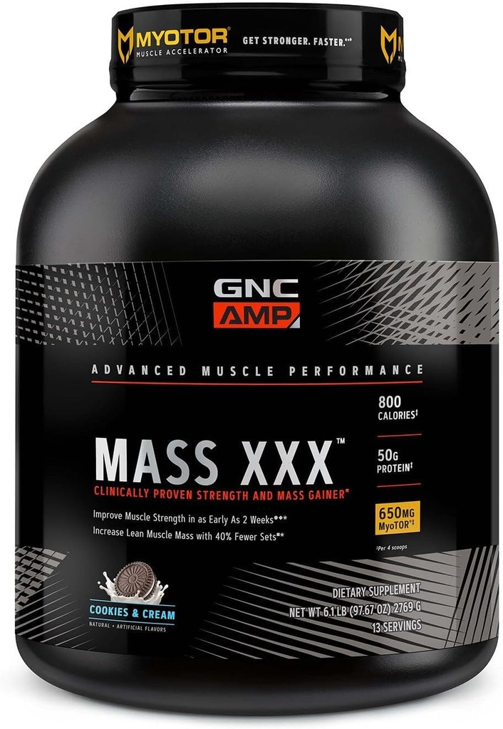 GNC AMP Mass XXX, Polvere proteica del Gainer di peso clinicamente provata, migliora la resistenza, dimensione, 780 Calorie, 50g Protein, Aminoacidi micronizzati, Creatina, Betaina, Cookies & Cream, 13 Serve, 6 SVG