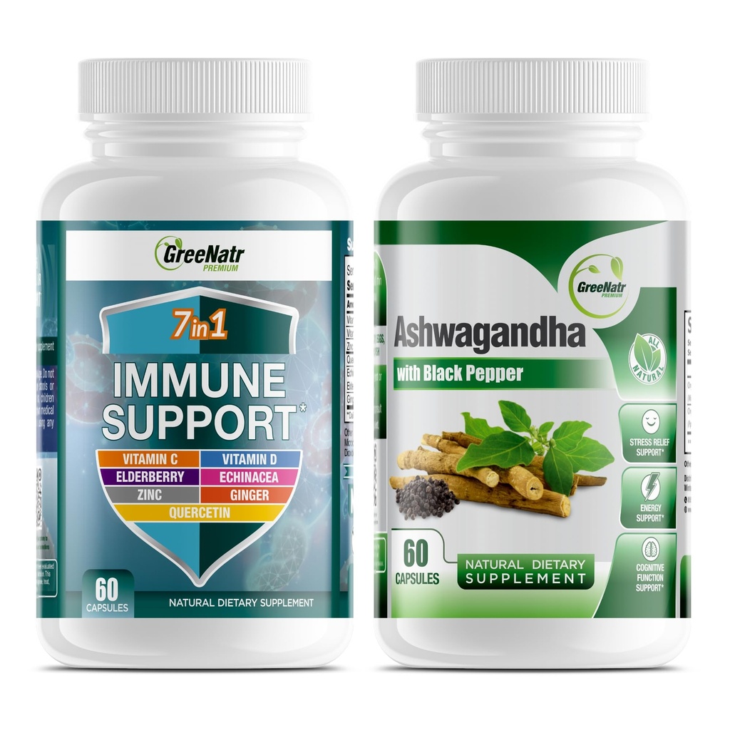 GreeNatr 7-in-1 Immununterstützungsergänzung mit Vitamin C, Vitamin D3, Zink 50mg, Quercetin, kombiniert mit Bio Ashwagandha Kapseln mit schwarzem Pfeffer für verbesserte Absorption