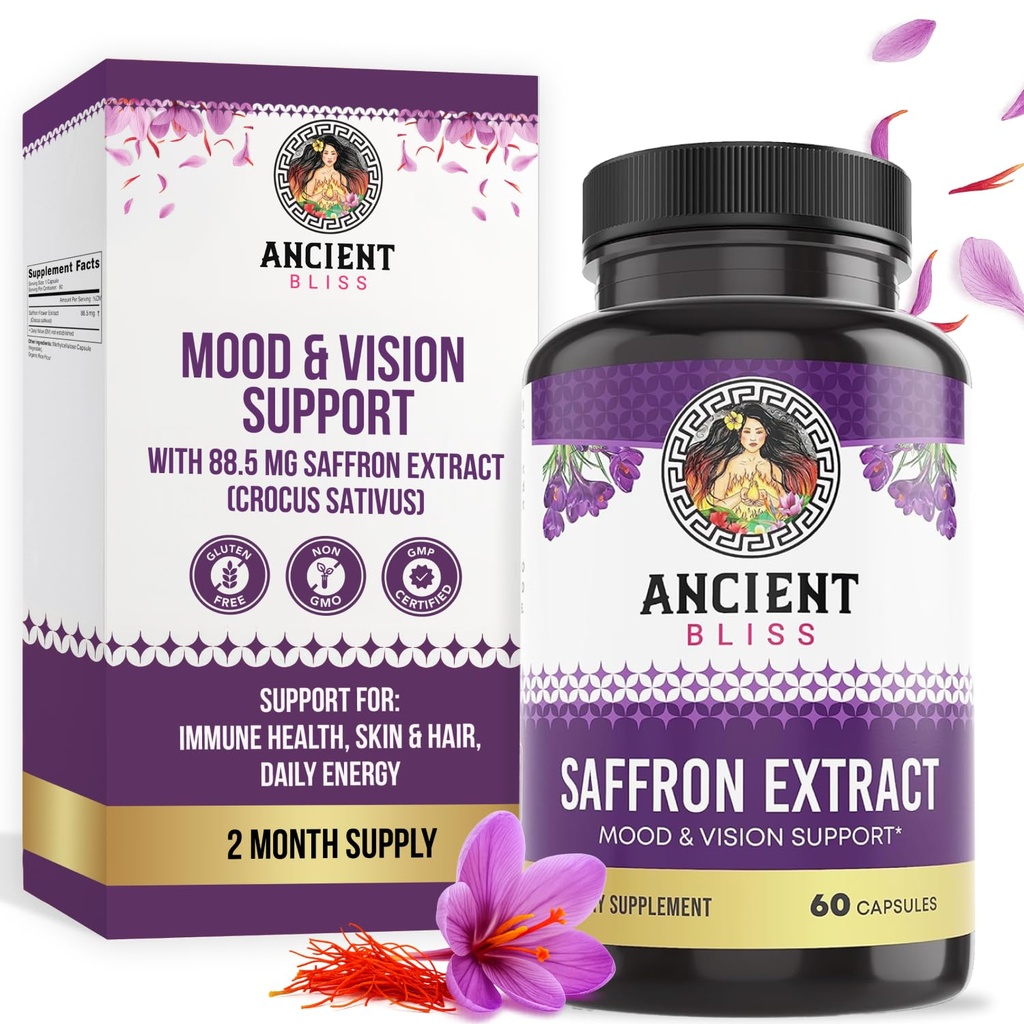 Antike Bliss Saffron Extract Kapseln Mood & Eye Support Supplement, Saffron Extract Appetite Suppressant Weight Management für Damen und Herren (60 Kapseln)