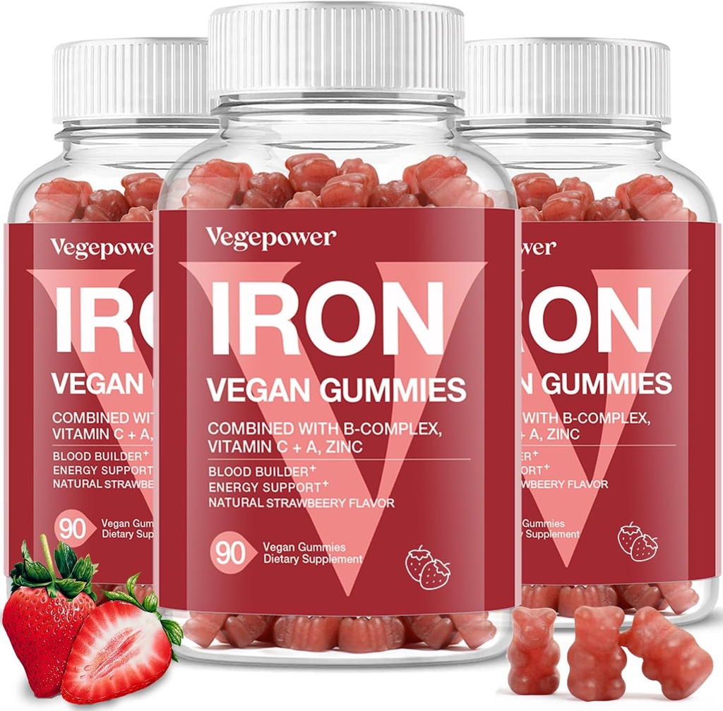 Suppléments de gommies de fer pour les enfants et les femmes - Multivitamines avec fer pour le sang saine, grande dégustation de vitamines Gummy avec vitamine C pour absorption maximale - Fraise (3 paquets)