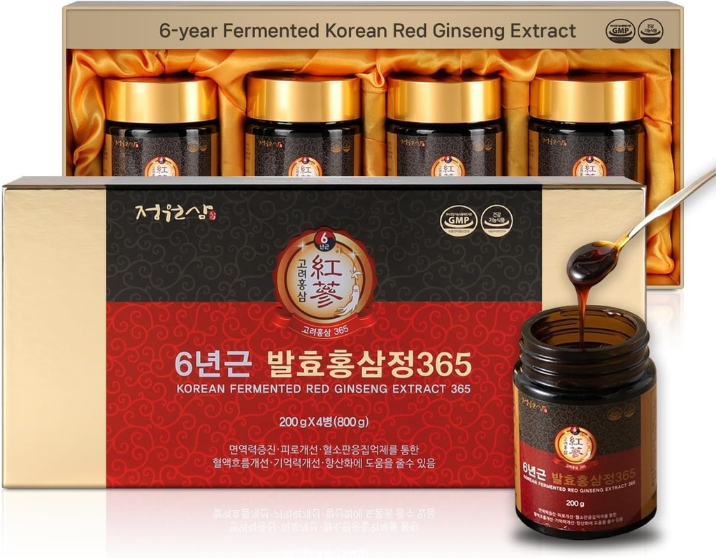 Estratto di Ginseng rosso coreano fertilizzato | 4X 200g Bottiglie | 9.6mg Ginsenosides per 15g | Energia, Focus, Fatigue, Supporto immunitario | Supplemento di erbe per uomini e donne