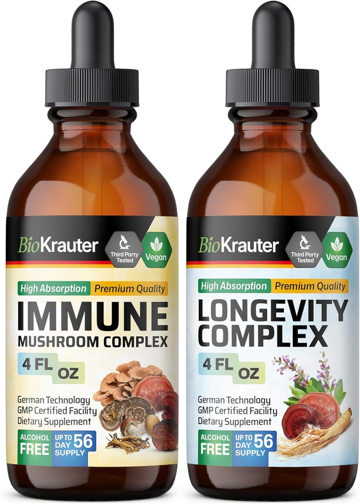 BIO KRAUTER Immune Mushroom Tincture 4 Fl. Oz. & Longevity Tincture 4 Fl. Oz.