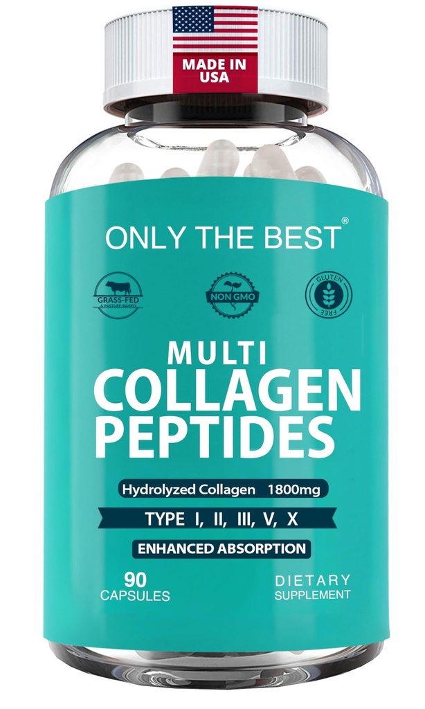 Premium Multi Collagen Peptides Capsule 1800mg - Tipi I, II, III, V, X Per Supportare Pelle, Capelli, Unghie - Aiuta Bones, Giunti, Muscoli, & Digestive Health* Integratore di collagene idrolizzato 90 Capsule