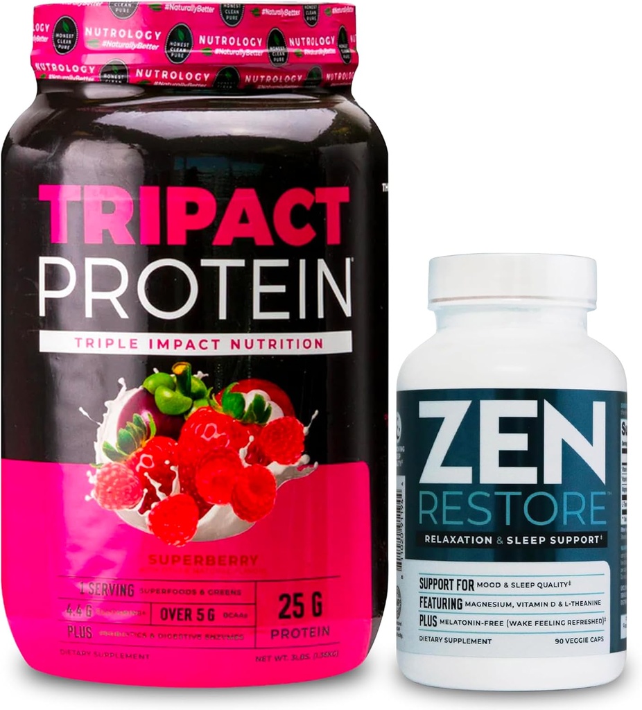 Nutrologie TRIPACT Protein Pulver, 7-in-1 Meal Ersatz Shake, Superberry (40 Servierungen) Zen Natural Magnesium Supplement (30 Servierungen)