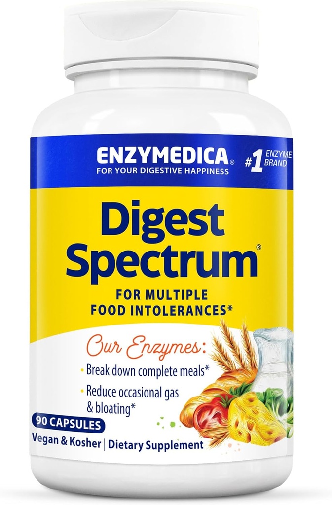 Enzymedica Digest Spectrum, Fortgeschrittene Verdauungsenzyme für Frauen und Männer, unterstützt Verdauungs- und Multiple-Food-Intoleranzen, Fast-Acting-Formel für Gas und Bloating Relief, 90 Kapseln FFP