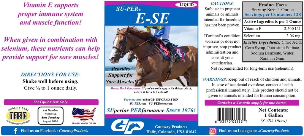 SU-PER E-Se Horses Antioxidans Supplement - Vitamin E & Selen für Sore Muskeln Unterstützung - 1 Gallon, 4 Monate Versorgung (120 Tage)