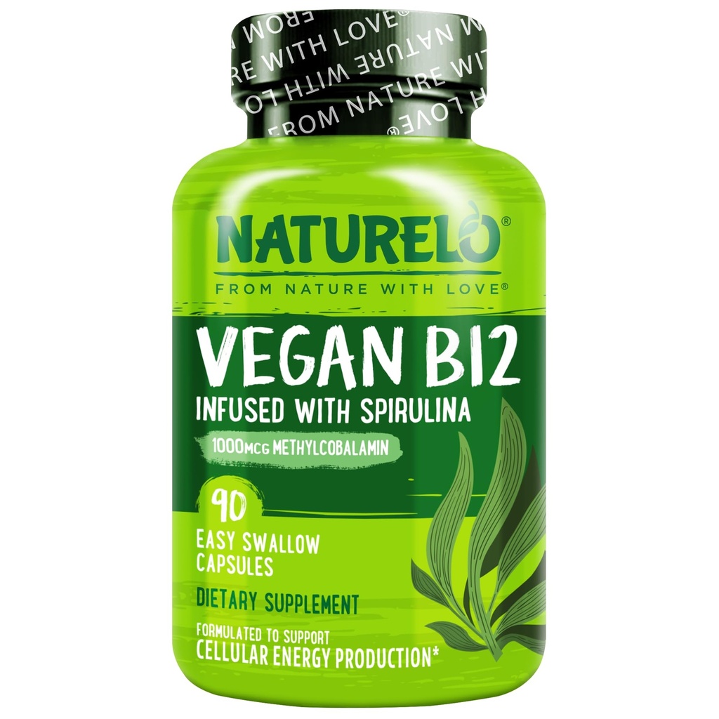 NATURELO Vegan B12 - Methyl B12 con Spirulina Organica - Alta Potenza Vitamina B12 1000 mcg Methylcobalamin - Supporta Mood sano, Energia, Cuore e salute degli occhi - 90 capsule