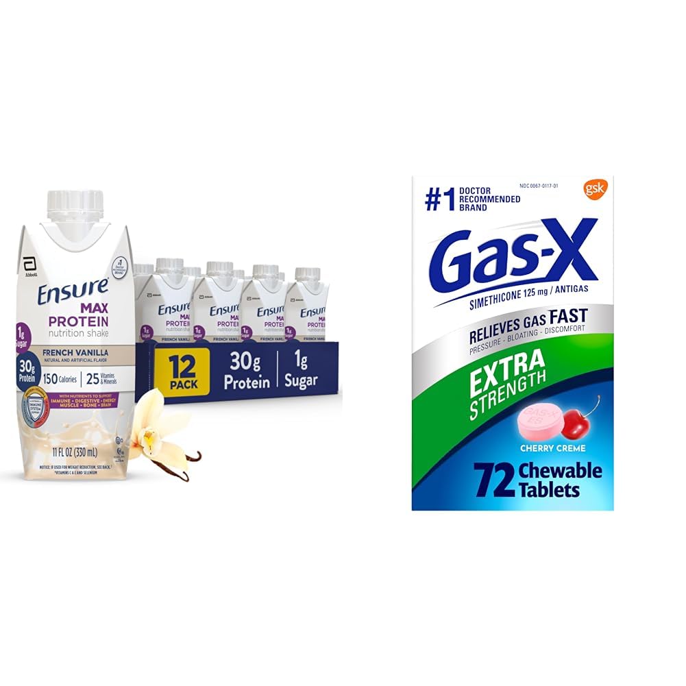 Assicurare Max Protein Nutrition Shake con 30g Protein & Gas-X Extra Strength Chewable Gas Relief Tablets con Simethicone 125 mg, 72 Conte
