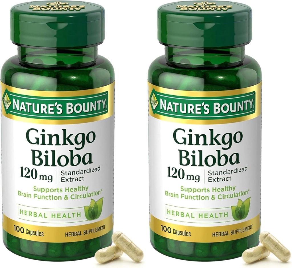 Nature's Bounty Ginkgo Biloba Standardisierte Extrakt 120 mg, Kräuterflaschen, Kapsel, 100 Count, Packung von 2