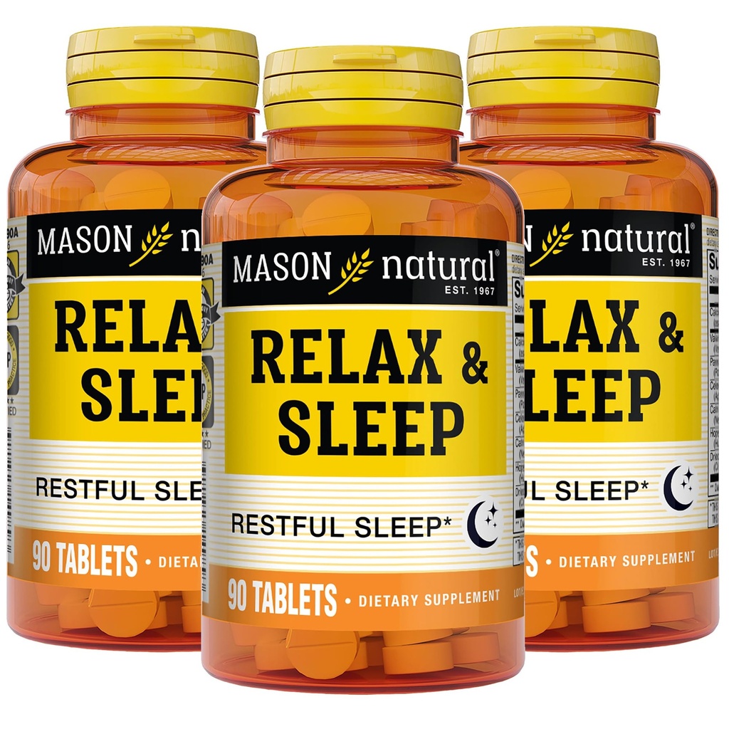 MASON NATURAL Relax & Sleep Dietary Herbal Supplement con Valerian Root & Passiflora Extract, Alimentazione di 9 mesi, 3 Pack