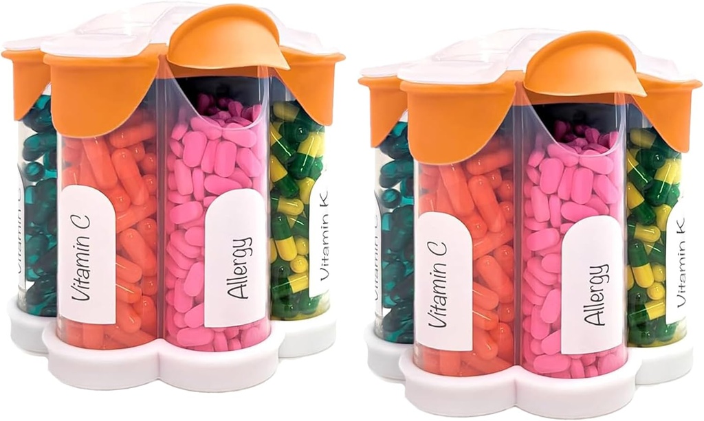 Extra Large Pill Organizer Daily, Weekly, Bottiglia di supplemento mensile, Erogatore di pillole carino Blossom con 7 XL Comparti (2 Pack Combo) (Orange 2 Pack)