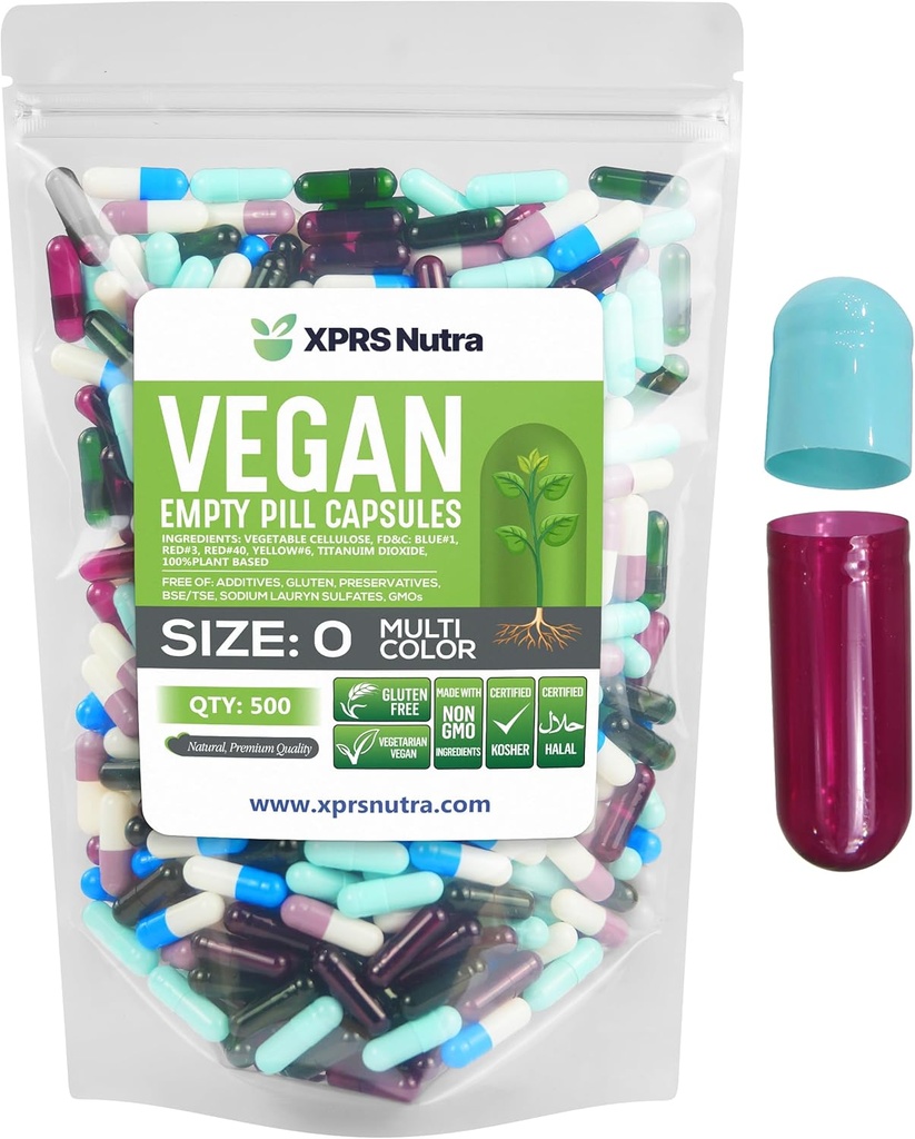 XPRS Nutra Taille 0 Capsules vides - 500 Compte Capsules vides de végétalien - Pilules végétariennes - Bricolage Gélule végétale Remplissage- Bouchons de pilules pour les suppléments Do-It-Youlf (Multi Color)