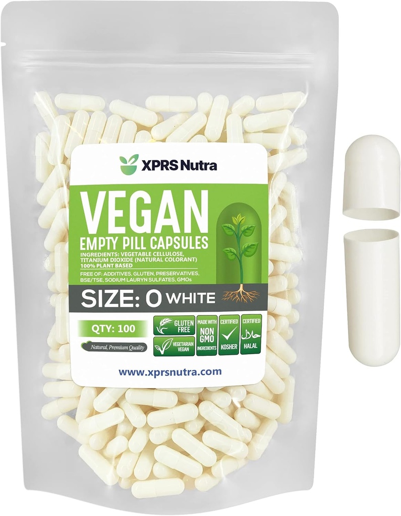 XPRS Nutra Size 0 Capsule Vuote - 100 Count Empty Vegan Capsule - Pillole Vegetariane - DIY Capsule Vegetali Riempimento - Capsula Pillola Veggie per Do-It-Yourself Supplements (White)