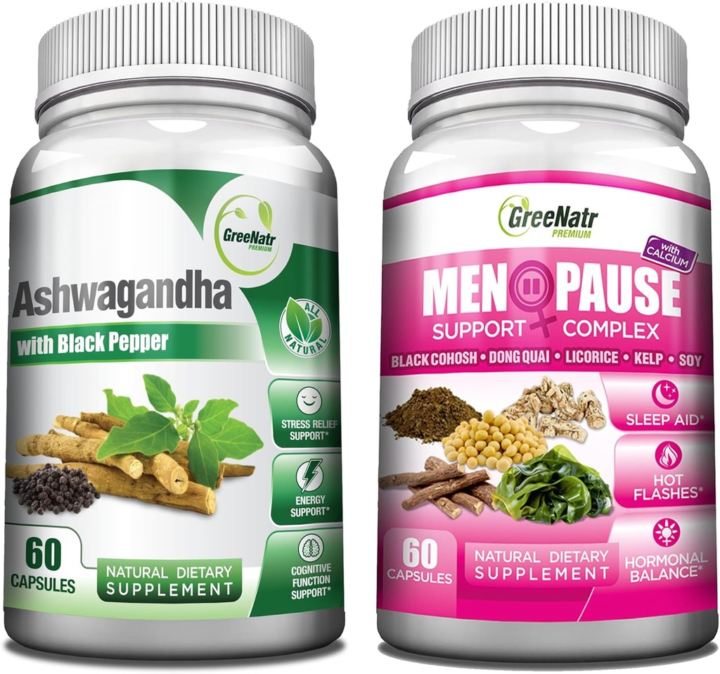 GreeNatr Total Wellness-Unterstützung mit Ashwagandha Kapseln mit schwarzem Pfeffer für verbesserte Absorption - und natürliche Menopause Kräuter-Komplex