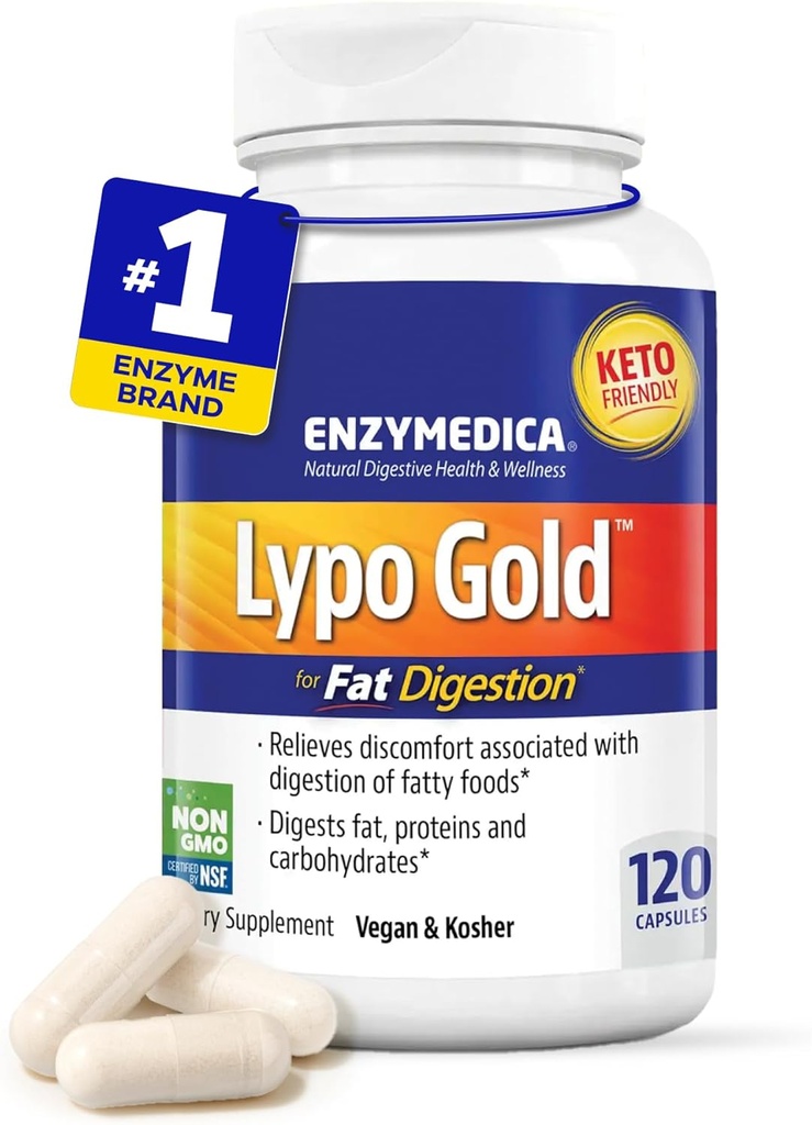 Enzymedica Lypo Gold, alta potenza Lipasi enzimi digestivi per la digestione grassa, supporta occasionalmente Bloating Relief & Digestive Health, Keto-Friendly, Vegan, 120 capsule FFP