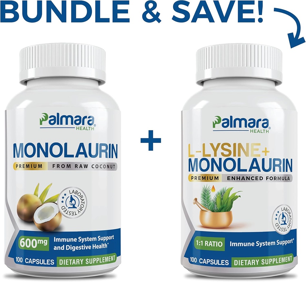 Palmara Health Premium Monolaurin 600mg + L-Lysine + Monolaurin Combo