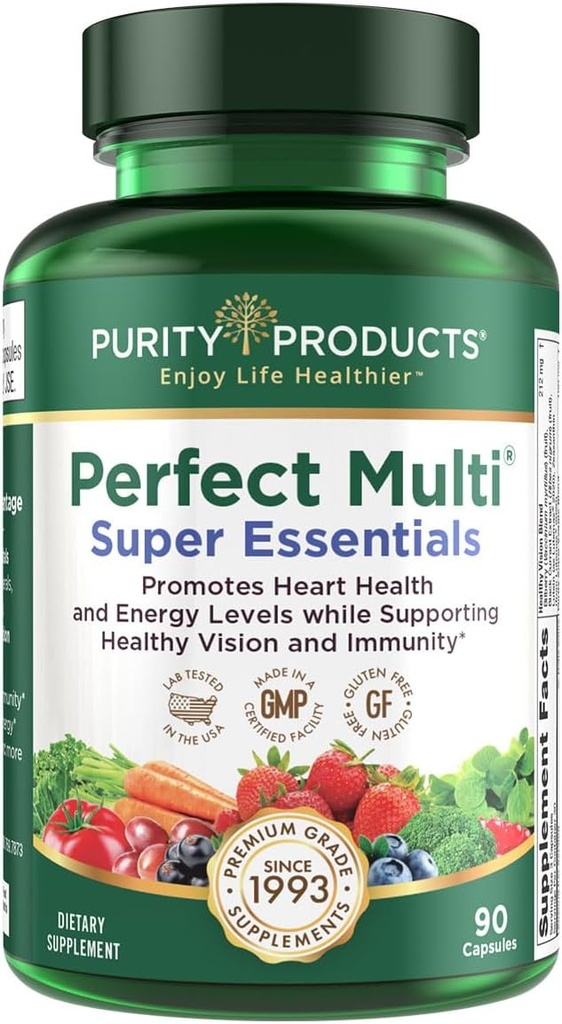 Prodotti di purezza Perfetto Multi Super Essentials - Multivitamin + Frutta e Verdura + promuove Giorno sano e visione notturna Con Lutein, Zeaxanthin e Estratto di ribes nero - 90 capsule