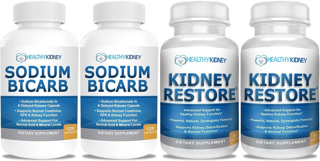 Sodio Bicarbonato 650mg Capsule per Acid Relief, Alkalinity 120 Pills 2-Pack + Restore Rene Cleanse e Kidney Health Supplement, 60 caps - 2 Pack