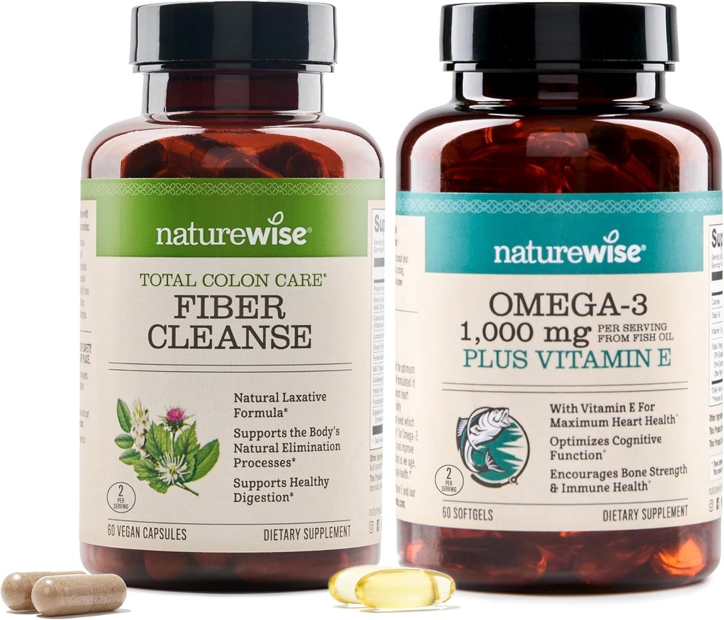 NatureWise Total Colon Care Nettoyer les fibres et les capsules d'huile de poisson Omega 3 [60 Comptez chaque]