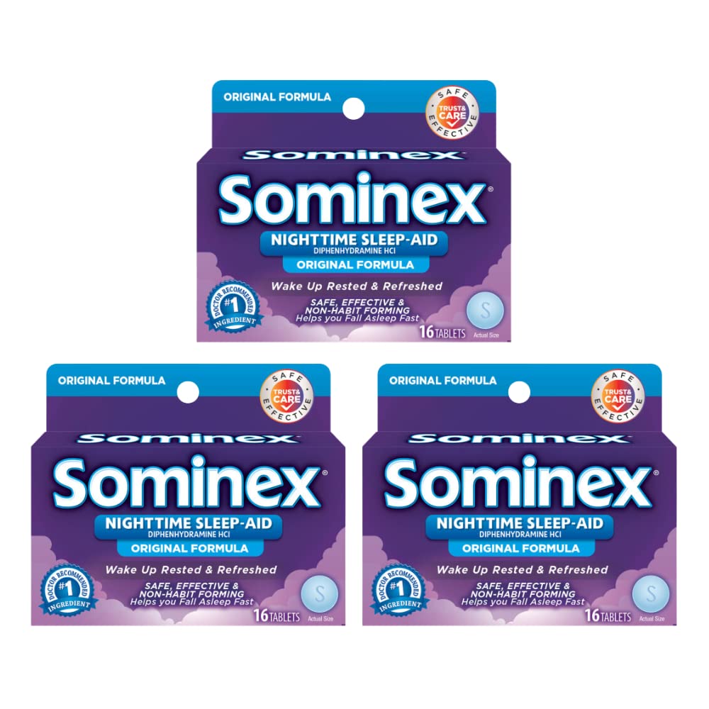 Sominex Maximum Strength Night Time Sleep-Aid | Diphenhydramine HCI | 16-Caplets pro Pack | 3-Pack