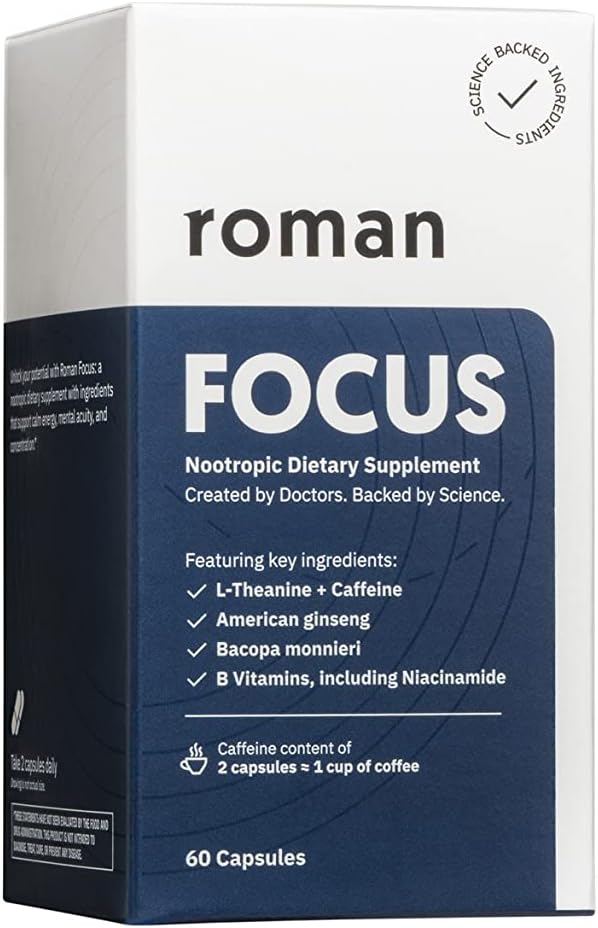 Ro Focus | Nootropic Integratore alimentare Supporta l'energia calma e la concentrazione con Caffeina, L-teanina, Ginseng americano e Bacopa Monnieri | 30-Day Supply (60 compresse)