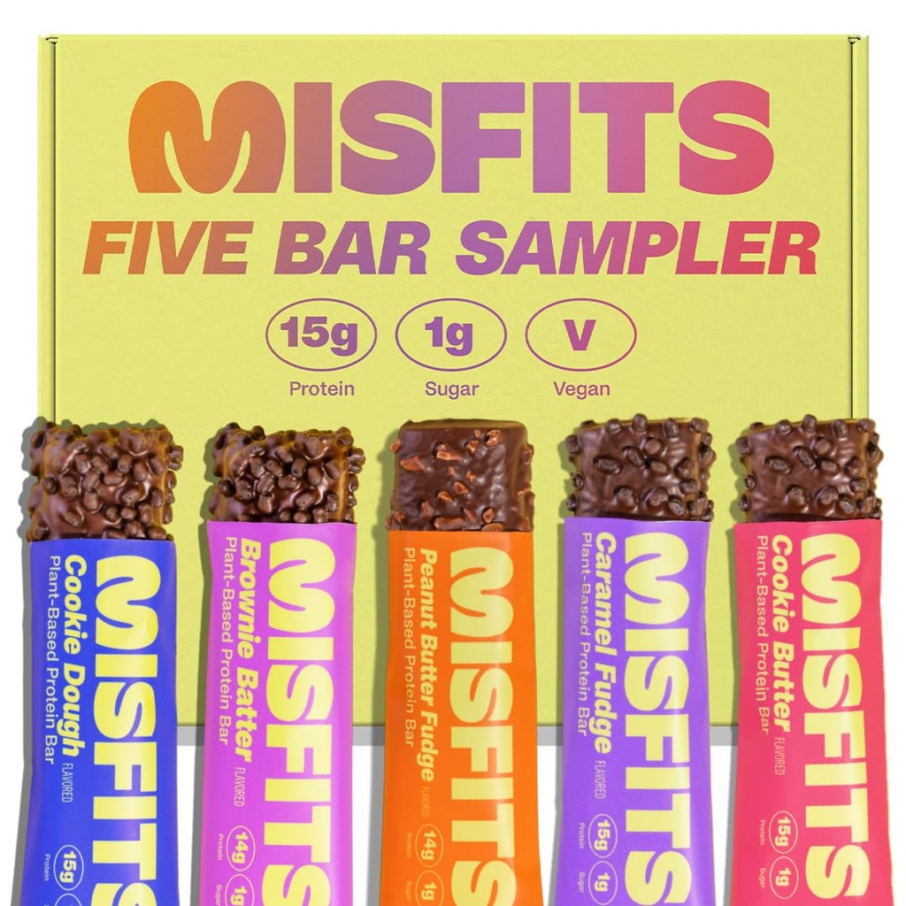Misfits Vegan Protein Bars - Aktualisierte Rezept | Plant Based, Low Sugar & Carb, High Fiber Snacks | Variety Sample Pack, um die Flavors | Pack von 5 (1 von jeder Geschmack)