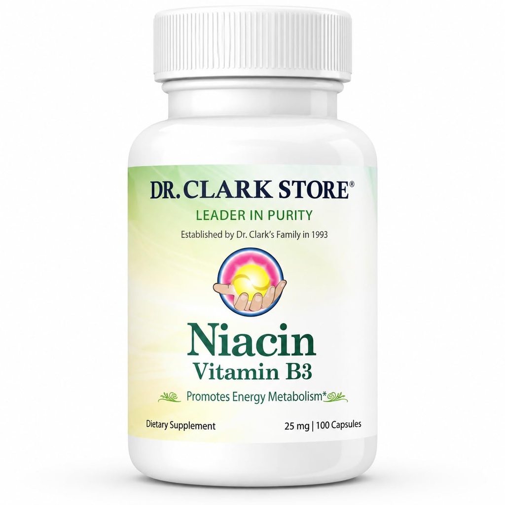 Supplément Dr Clark Niacin (Vitamine B3) – 25mg, 100 Capsules de gélatine, soutient la circulation et les niveaux de cholestérol sains