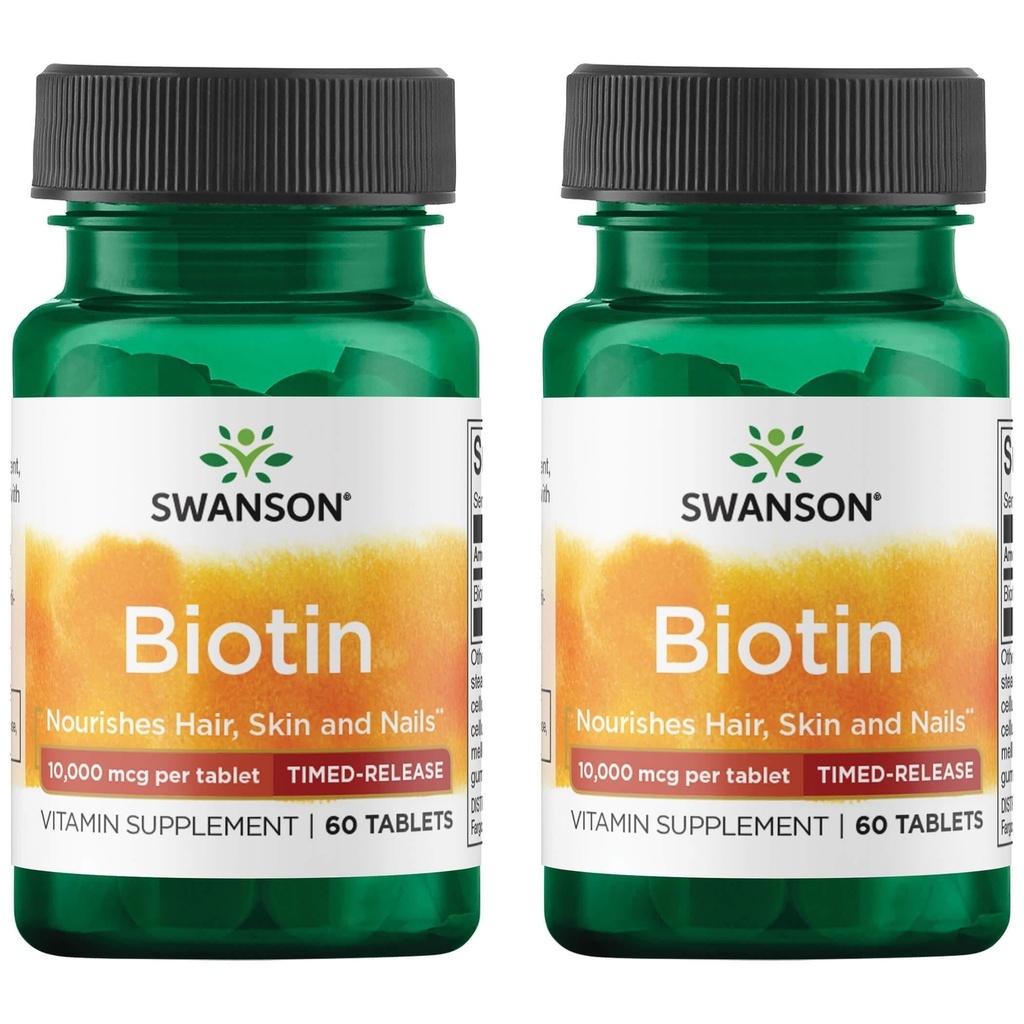 Biotine de Swanson - Délaiement à temps 10 000 mcg 60 onglets (2 paquets)