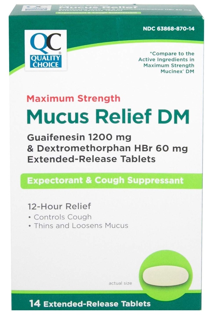 Scelta di qualità Massima resistenza Rilievo del muco DM, Suppressore della tosse e atteso, 12 ore di sollievo, Guaifenesin 1200 mg e Dextromethorphan HBr 60 mg Tabelle di rilascio prolungate, 14 conte
